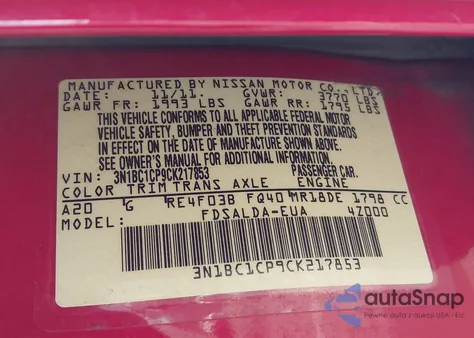 2012 Nissan Versa 1.8 S z USA, uszkodzony, nr VIN 3N1BC1CP9CK217853